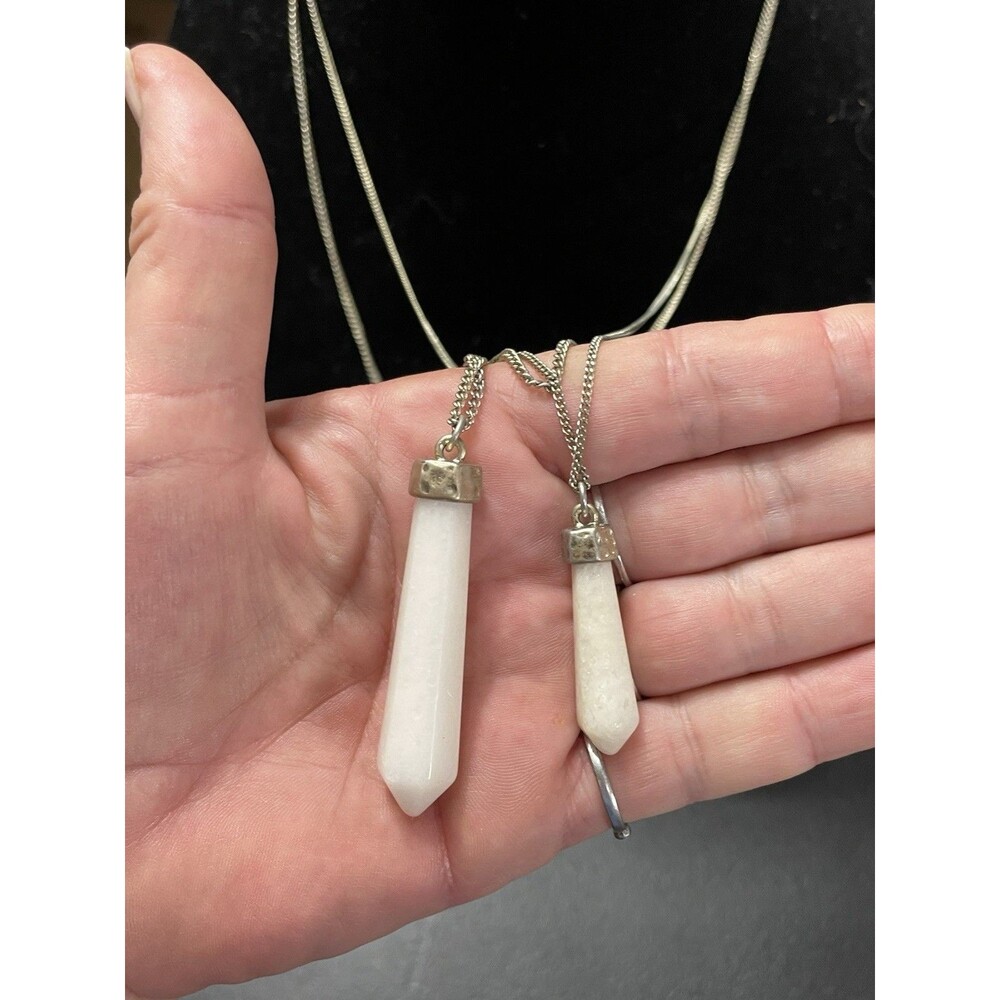 White Jade Crystal Point Necklace 2 Layer Silver Long
